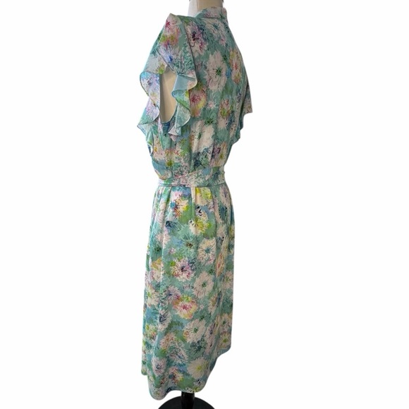 Catherine Malandrino Floral Midi Dress Large Ruffle Belted Pastel Blue Green - Picture 8 of 16